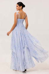 Blaues Geblümtes A-Linie Chiffon Brautjungfernkleid mit Rüschen